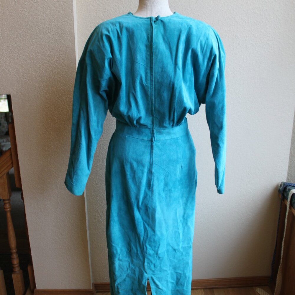 Vintage 80's Turquoise Suede Leather Fitted Dress From Nordstrom L 28" waist - Picture 4 of 9